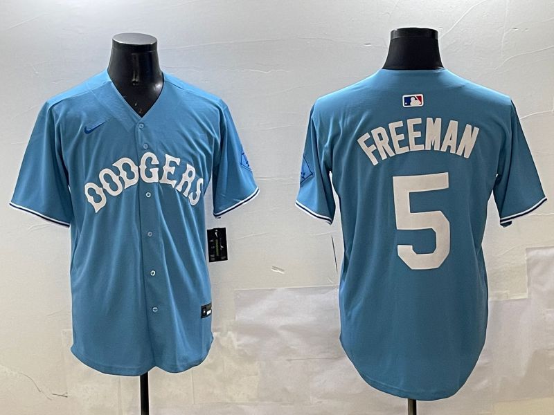 Men Los Angeles Dodgers 5 Freeman Light Blue Throwback Game 2025 Nike MLB Jersey style 13